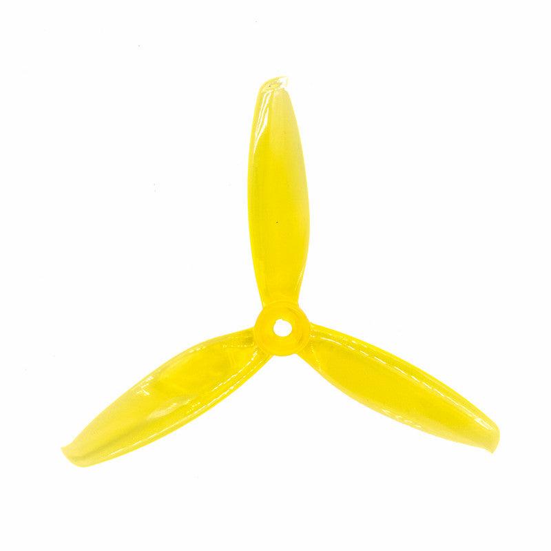 Windancer 5043-3 tri-blade drone propeller in translucent yellow, centered hub hole