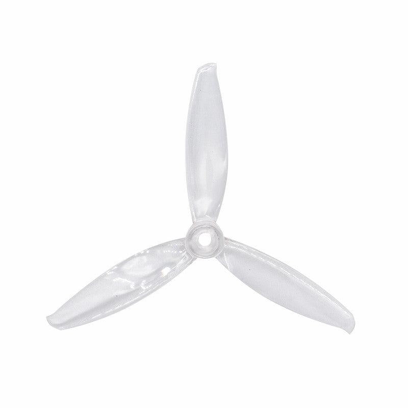 Clear translucent 3-blade propeller with center hub hole, top-down product view