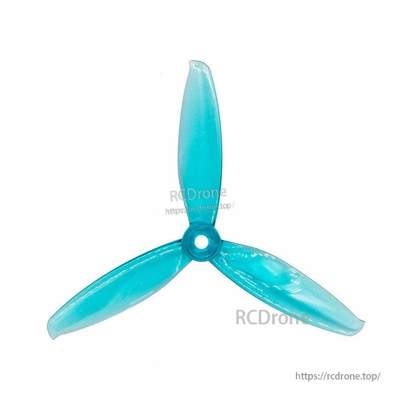 Translucent teal 3-blade propeller, top view with hub opening and curved blade tips