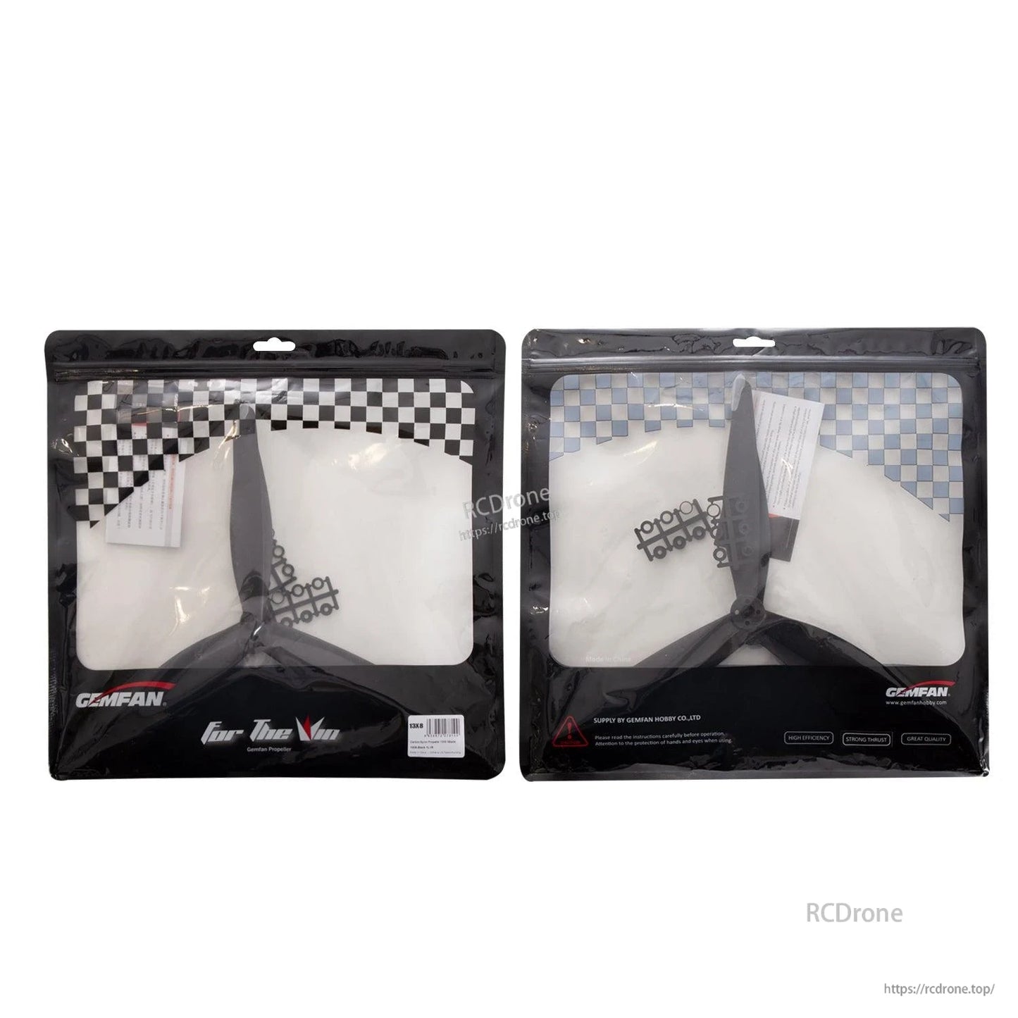 Retail packaging showing two Gemfan 1308-3 tri-blade prop packs (1CW and 1CCW)