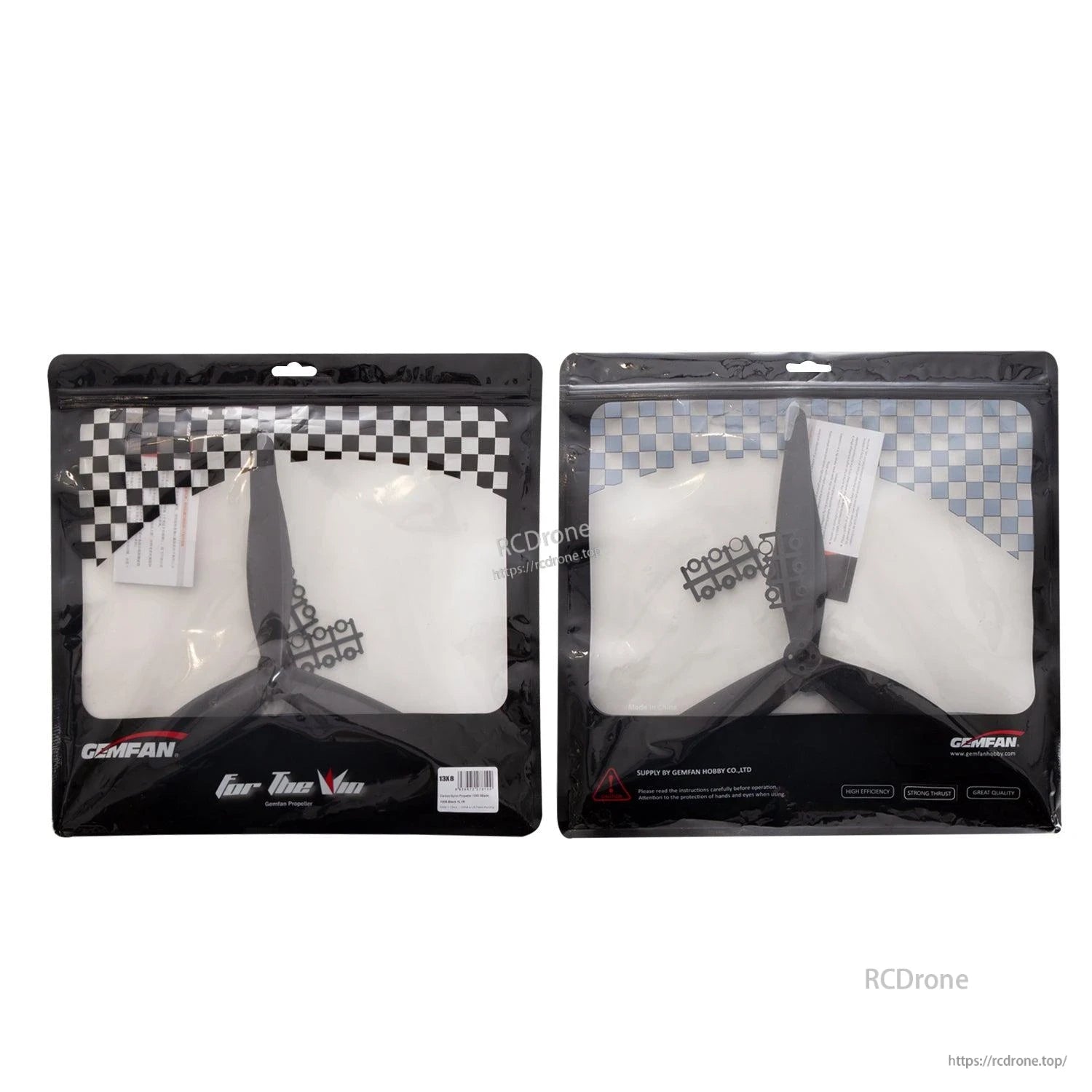 Retail packaging showing two Gemfan 1308-3 tri-blade prop packs (1CW and 1CCW)