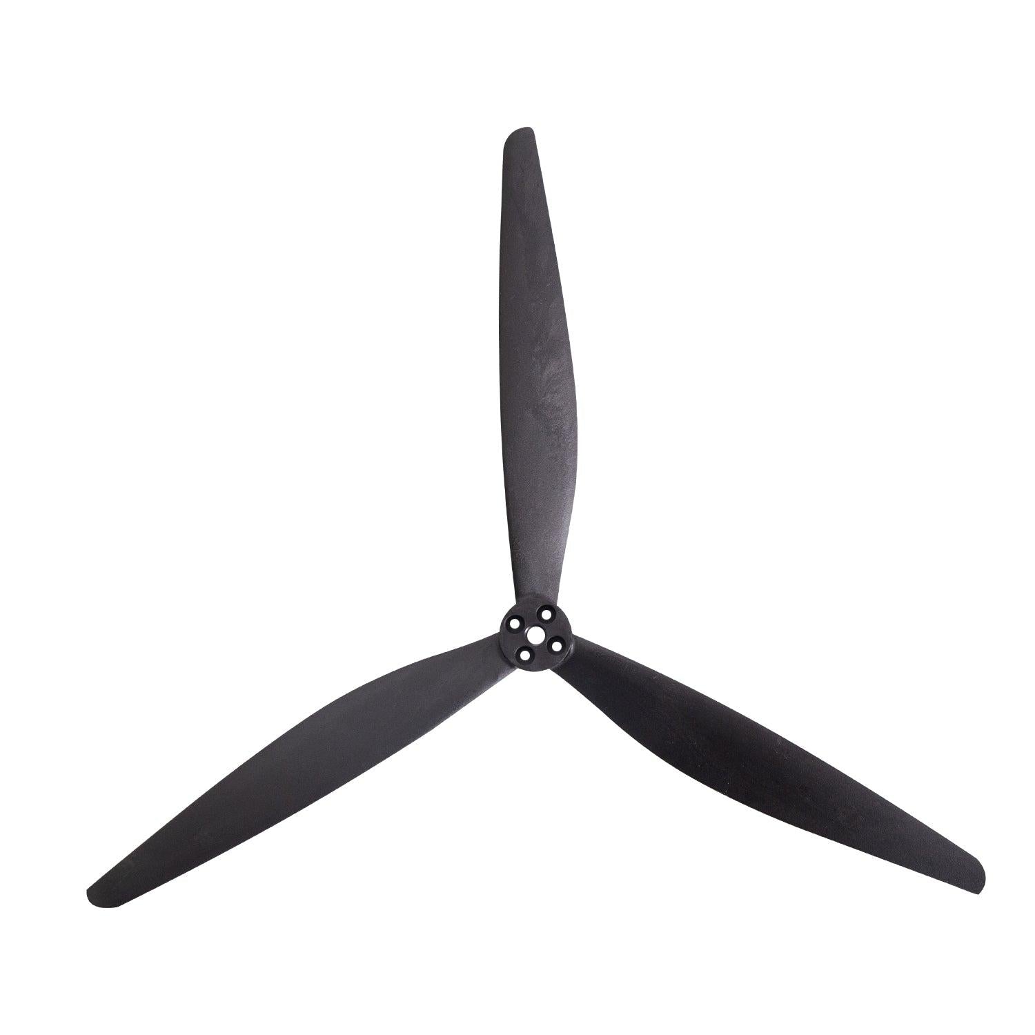 Gemfan 1308-3 three-blade propeller close-up, black 8in tri-blade with 5-hole mounting hub