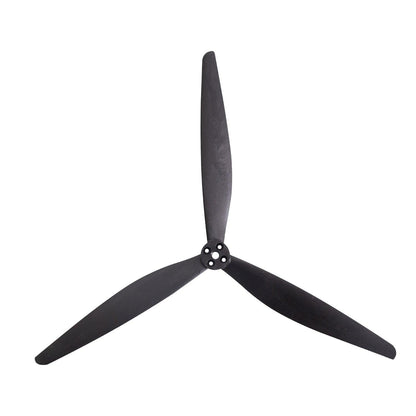 Gemfan 1308-3 three-blade propeller close-up, black 8in tri-blade with 5-hole mounting hub