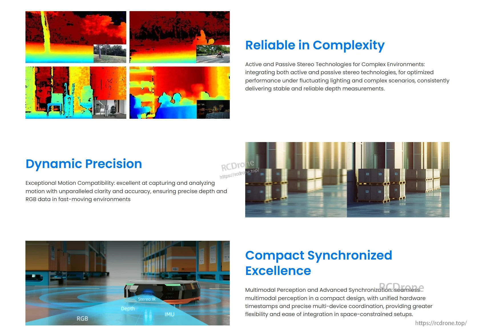 Gemini 335 3D Camera, Active and passive stereo enable stable depth sensing with precise multimodal perception, unified timestamps, and superior motion compatibility in a compact, synchronized design.