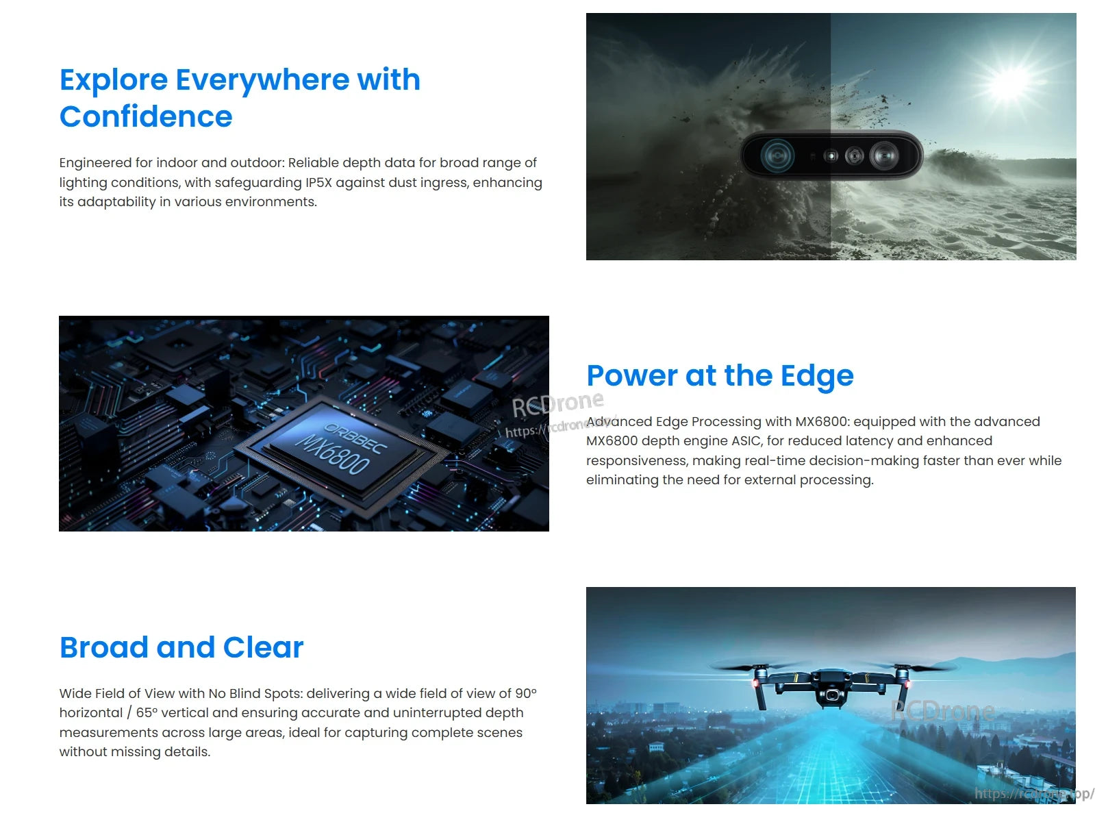 Gemini 335 3D Camera, Explore confidently with reliable depth, dust protection, fast local processing via MX6800 ASIC, and a wide 90°×65° field of view for full coverage.