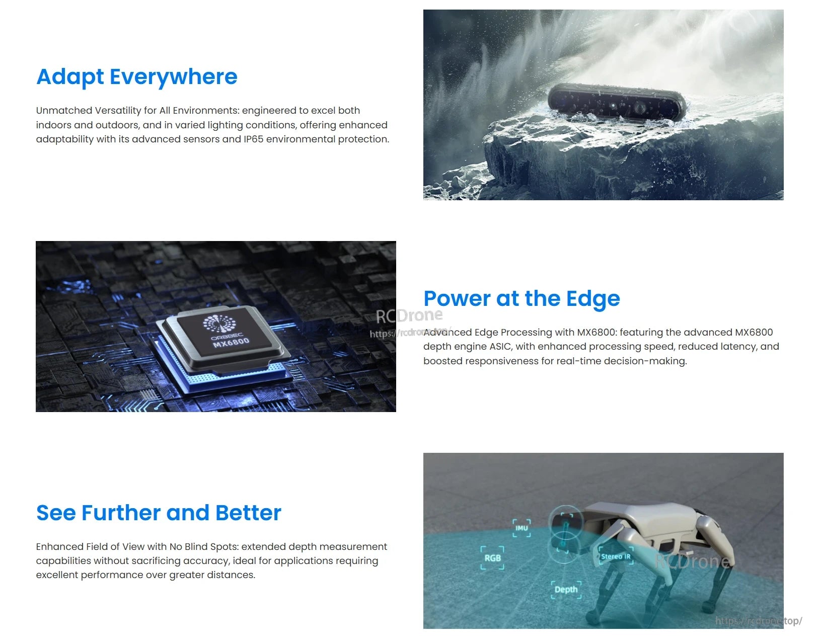 Gemini 335L 3D Camera, Versatile indoor/outdoor drone with IP65 protection, fast MX6800 ASIC processing, and wide field of view for accurate depth sensing.