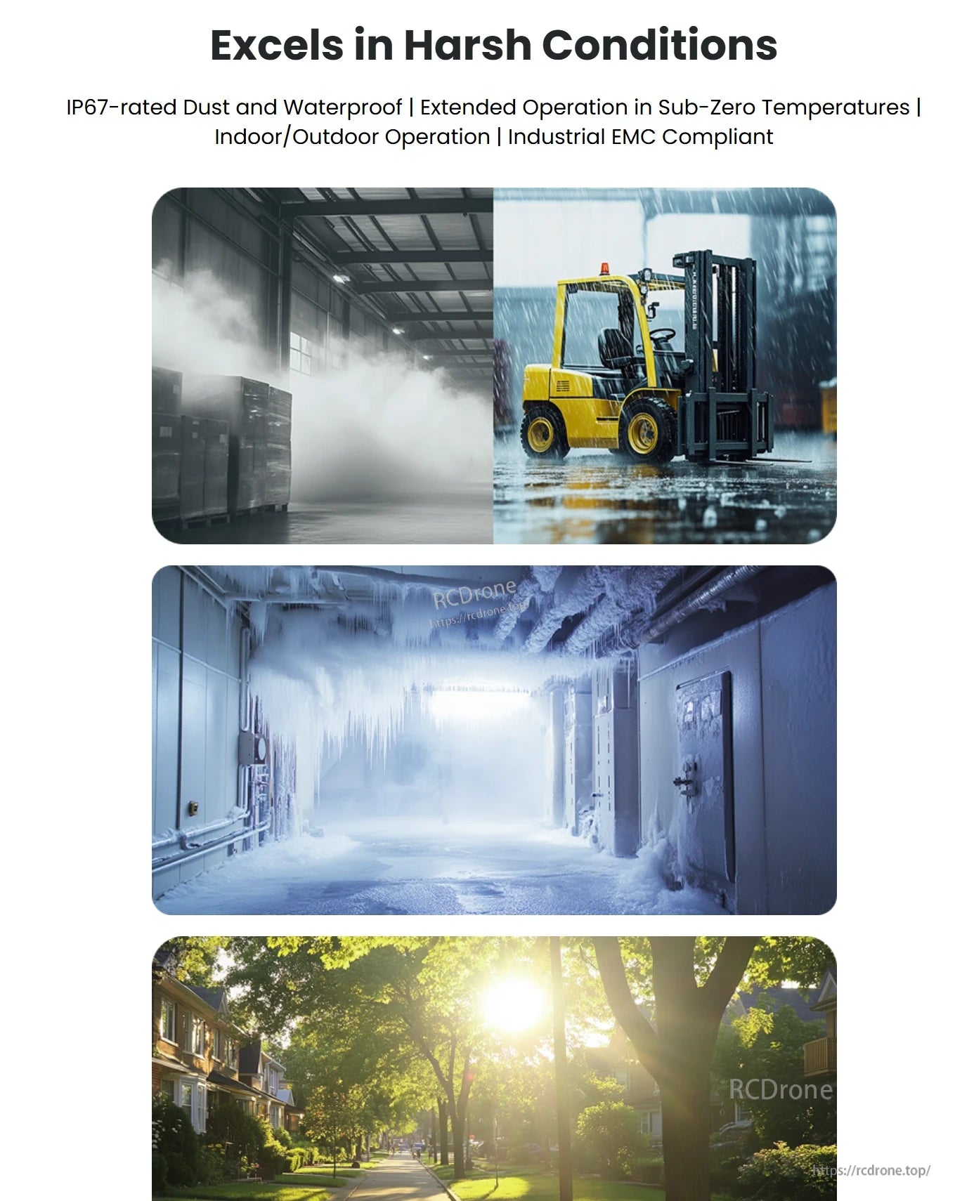 Gemini 335Le Stereo Vision Camera, Performs reliably in harsh environments—dust, water, cold, indoor/outdoor—and meets EMC compliance standards.