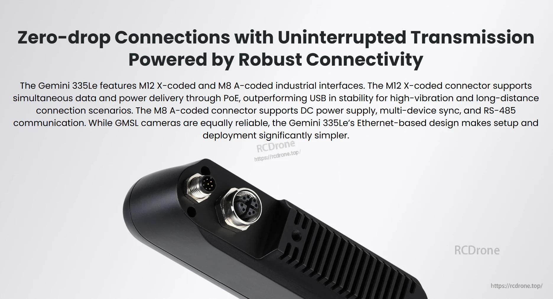 Gemini 335Le Stereo Vision Camera, Gemini 335Le enables reliable, zero-drop Ethernet connections with PoE, DC power, sync support, and industrial interfaces for seamless setup.