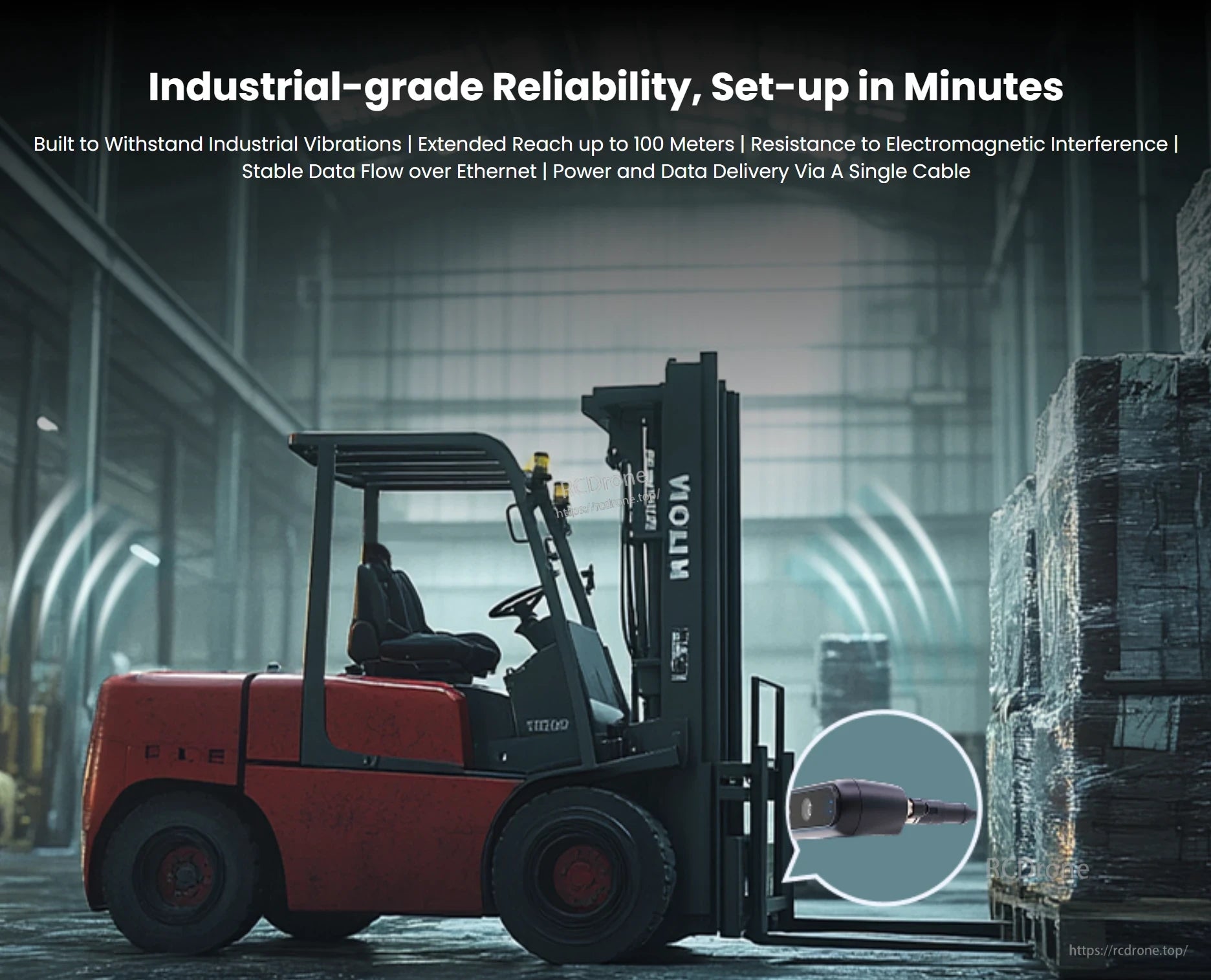 Gemini 335Le Stereo Vision Camera, Durable, quick-setup drone with 100m range, EMI and vibration resistance, stable Ethernet, and power/data via single cable.