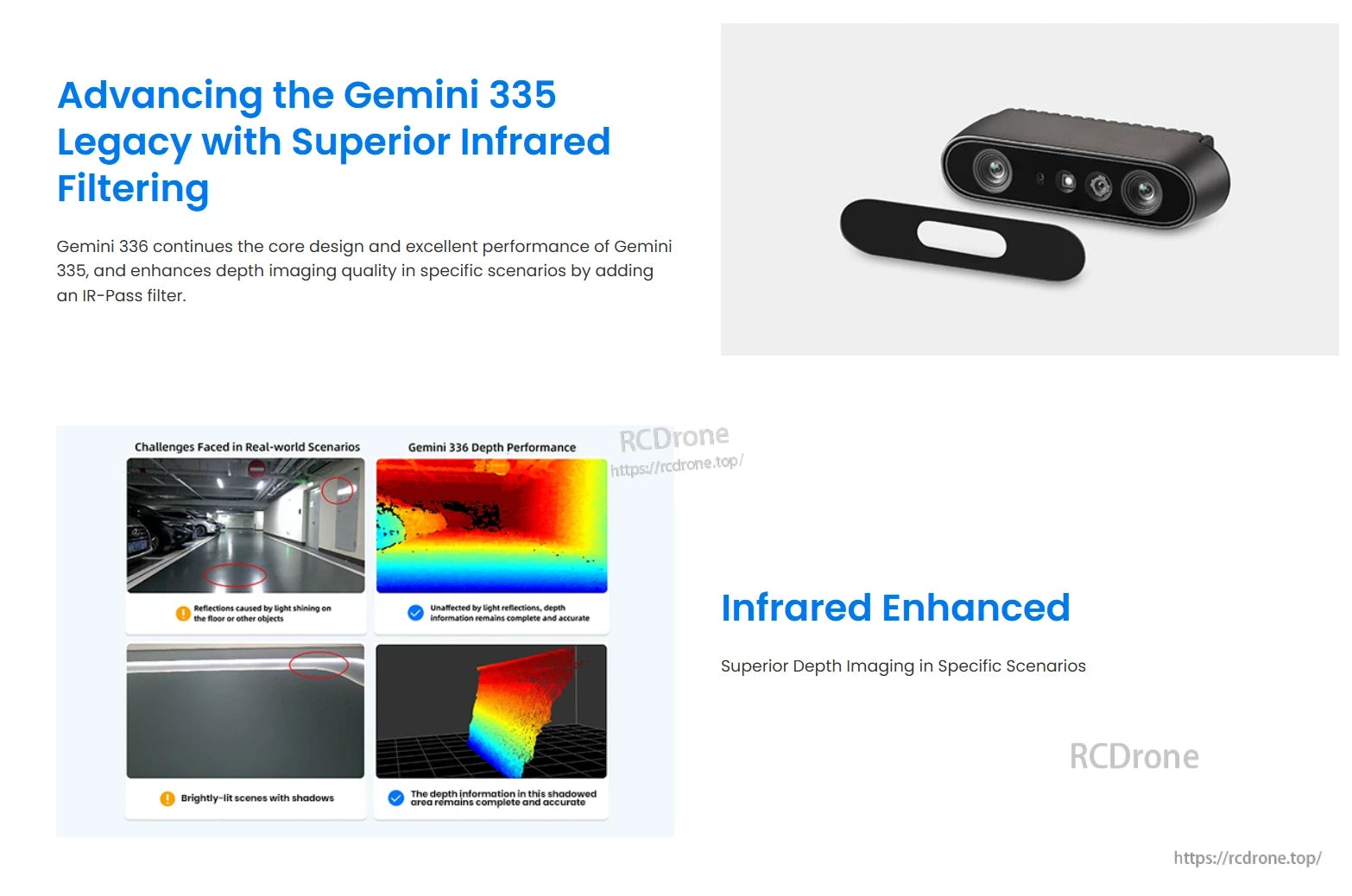 Gemini 336 3D Camera, Gemini 336 improves depth imaging with an IR-Pass filter, enhancing accuracy in challenging lighting conditions like reflections and shadows.