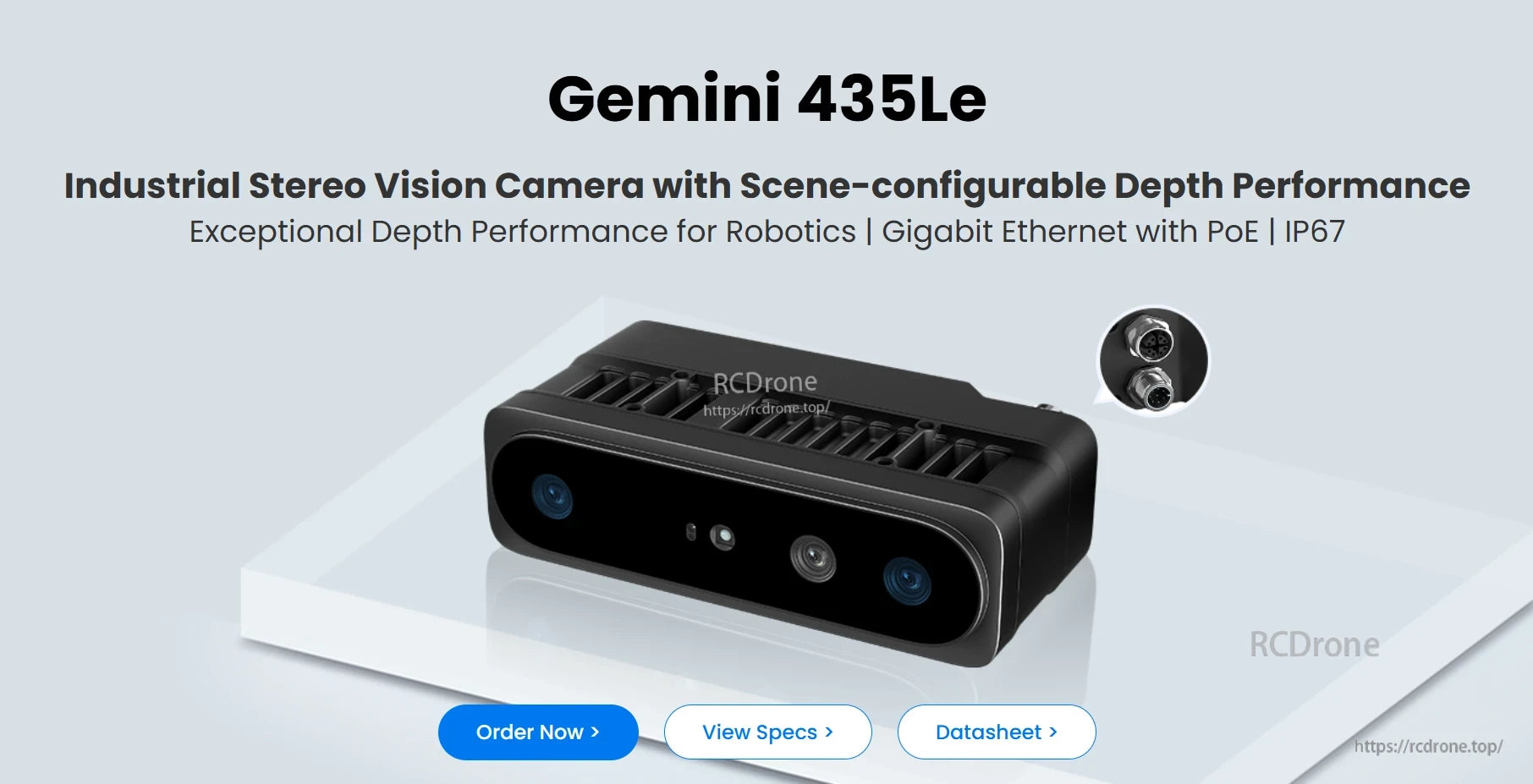 Gemini 435Le Industrial Stereo Vision Camera, Gemini 435Le: IP67-rated industrial stereo vision camera with depth sensing, PoE, and Gigabit Ethernet for robust, high-performance applications.