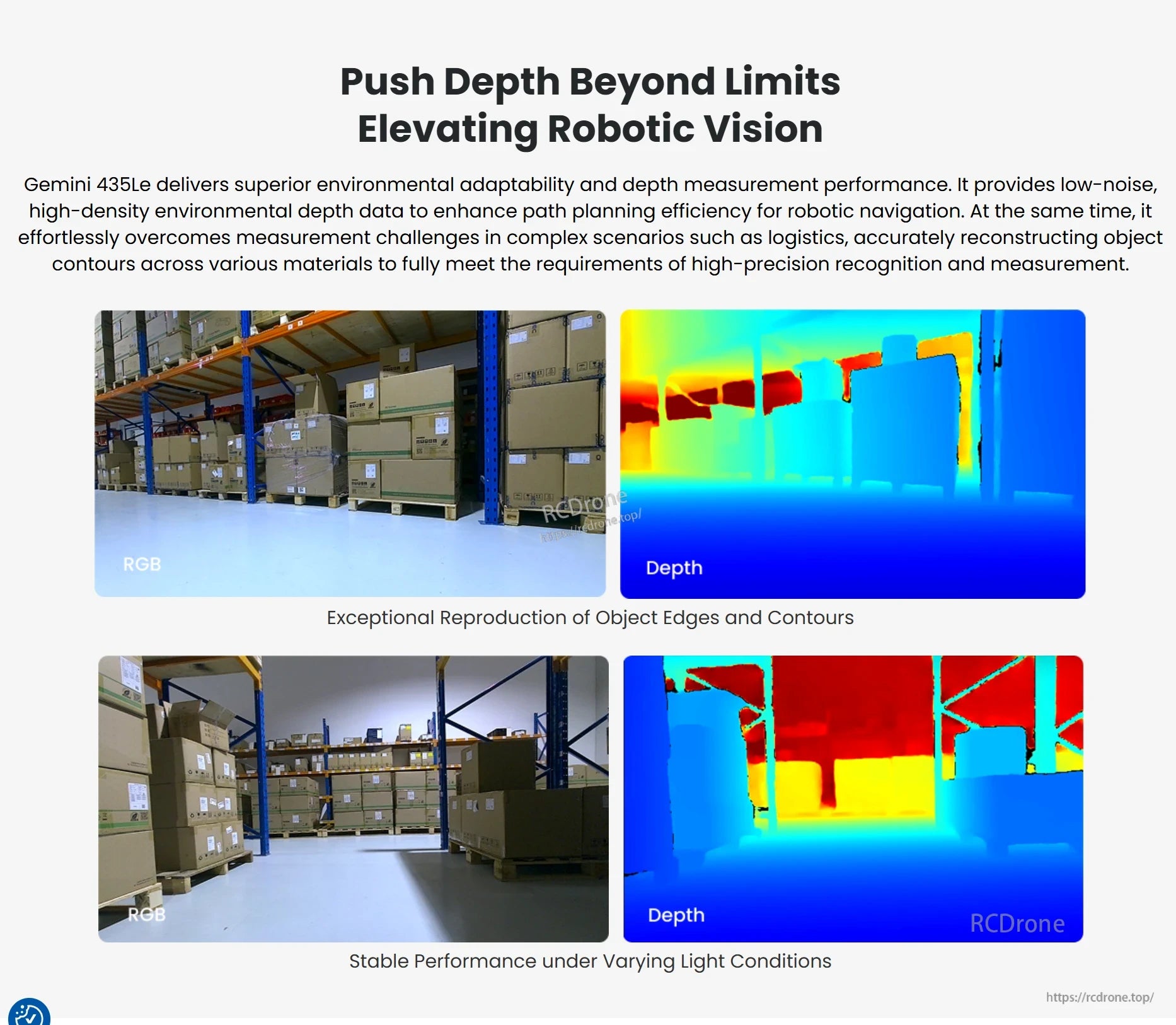 Gemini 435Le Industrial Stereo Vision Camera, Gemini 435Le provides precise depth data, stable in varying light, improving navigation and accuracy in complex logistics. (24 words)
