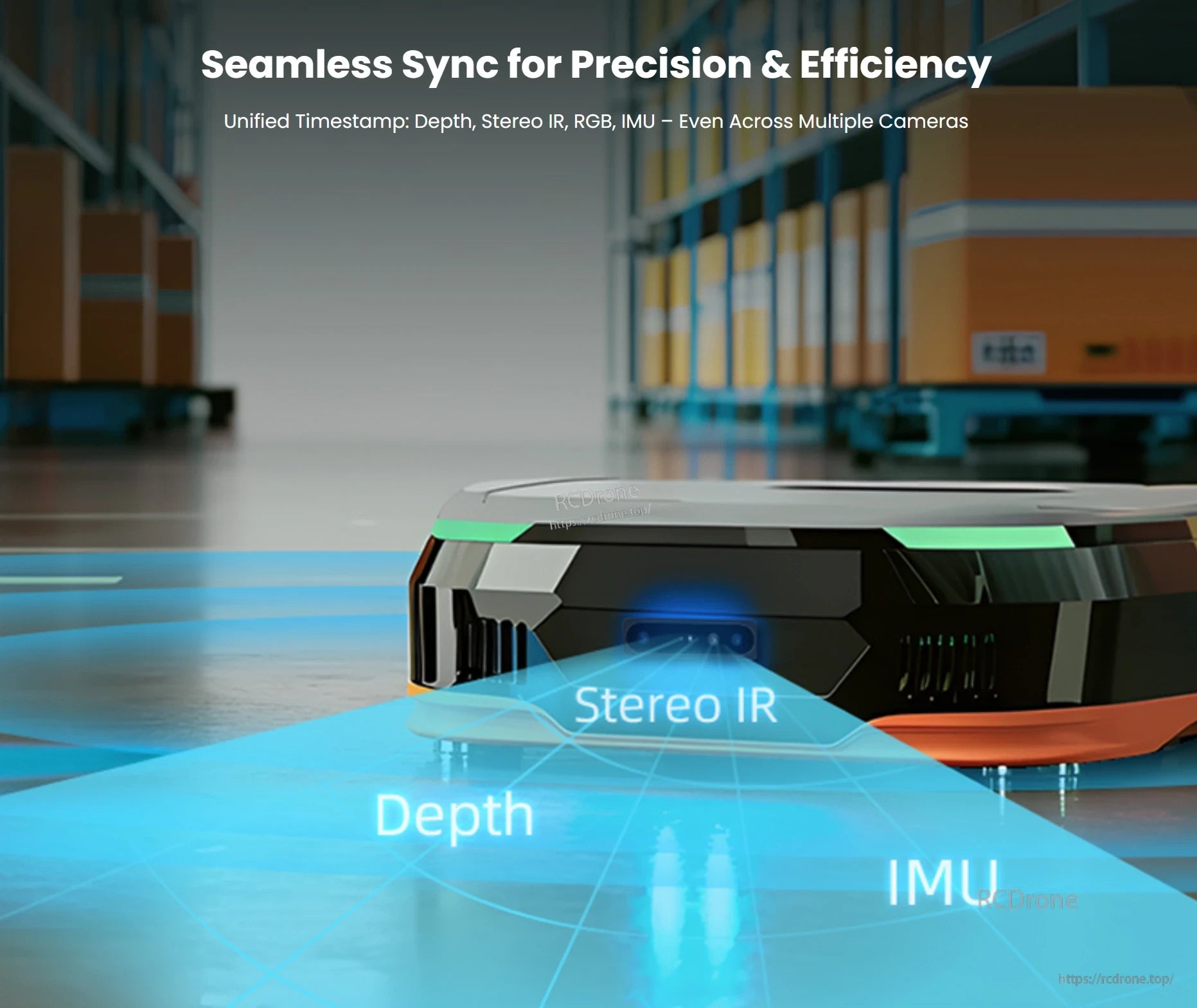 Gemini 435Le Industrial Stereo Vision Camera, Unified timestamp enables seamless synchronization of depth, stereo IR, RGB, and IMU data for precise, efficient performance.