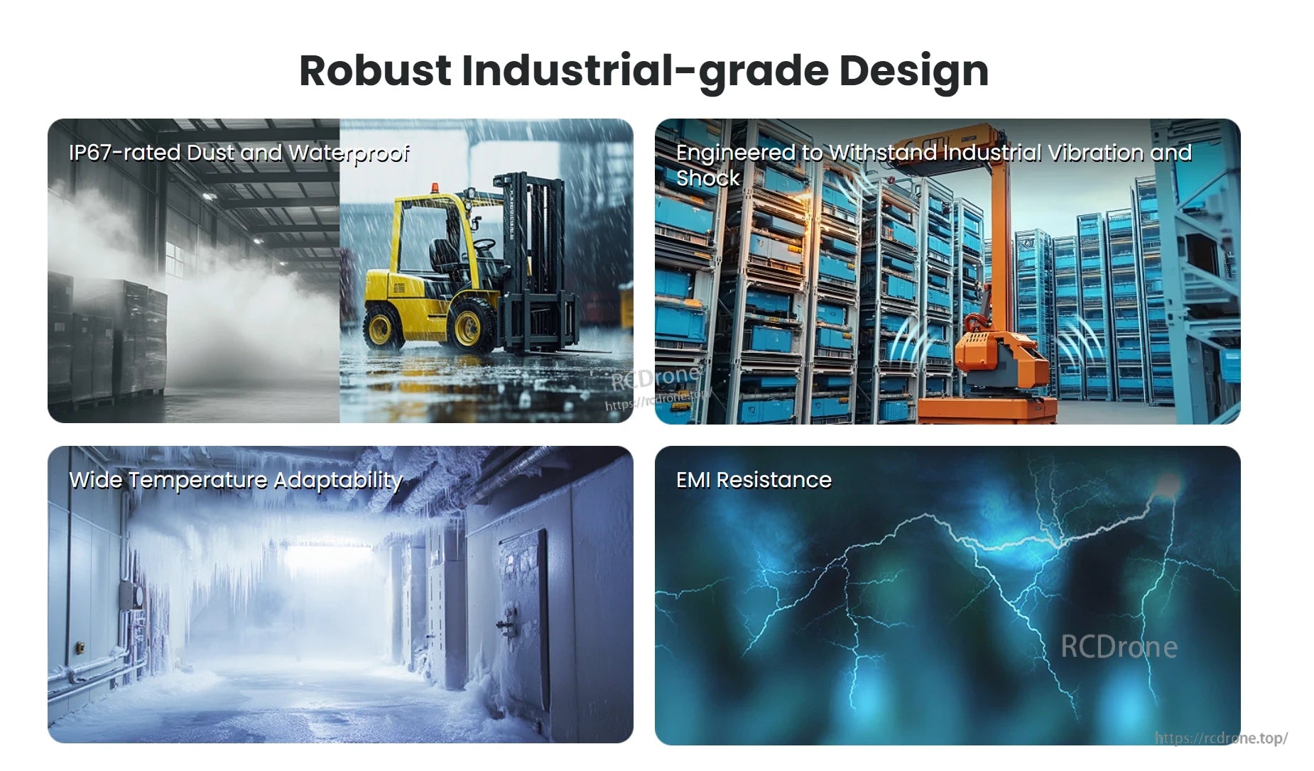 Gemini 435Le Industrial Stereo Vision Camera, Durable industrial drone design: waterproof, dustproof, shock and vibration resistant, operates in extreme temperatures and high electromagnetic interference.