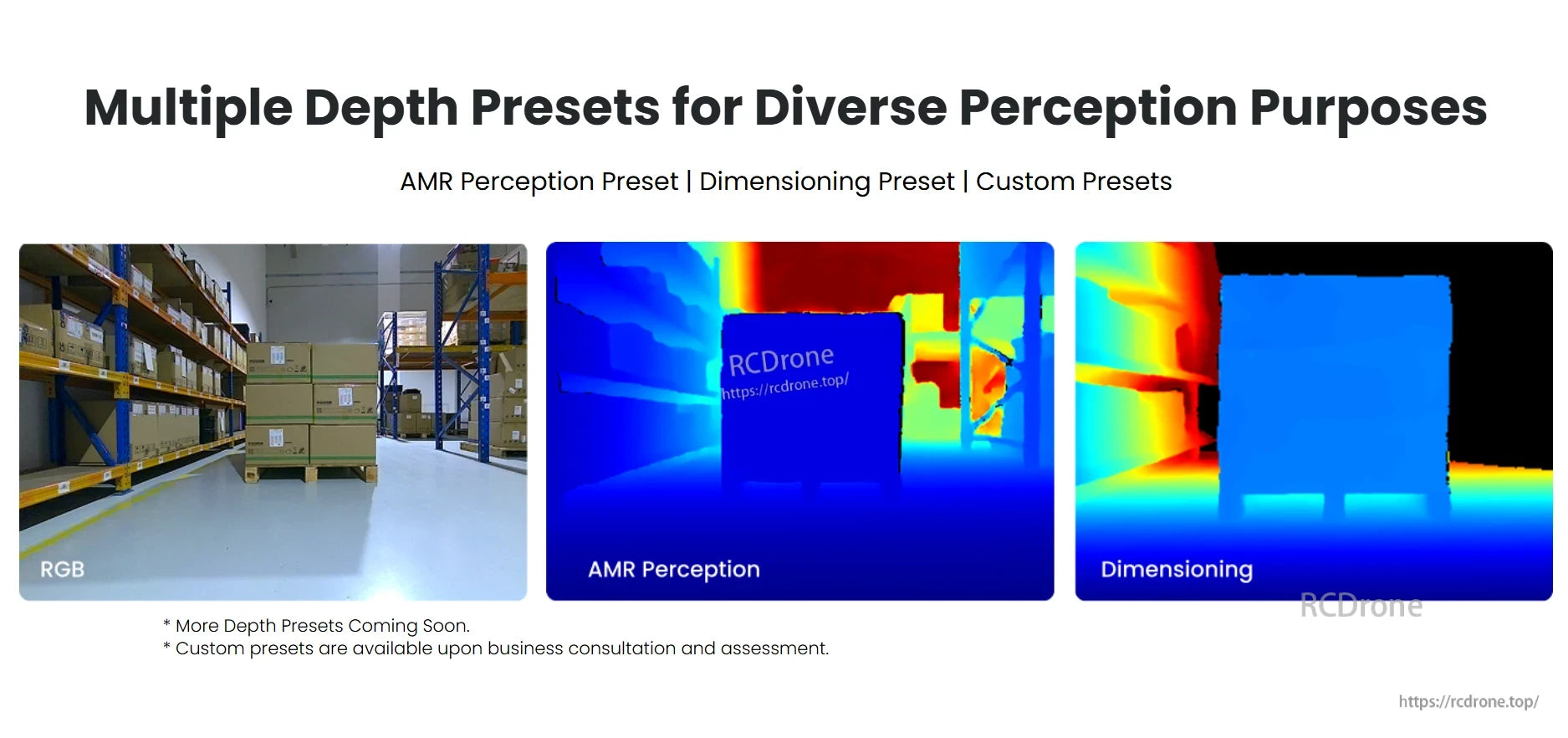 Gemini 435Le Industrial Stereo Vision Camera, AMR offers multiple depth presets for perception, dimensioning, and custom uses, with more options coming soon.