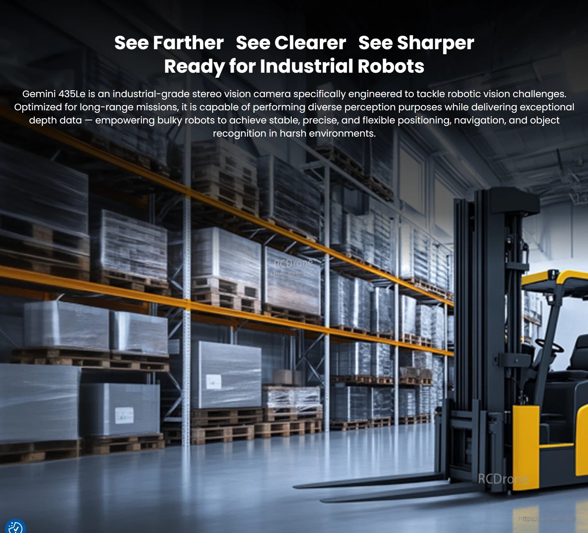 Gemini 435Le Industrial Stereo Vision Camera, Gemini 435Le is an industrial stereo vision camera for robotics, offering long-range perception, precise navigation, and object recognition in harsh conditions with high-quality depth data.