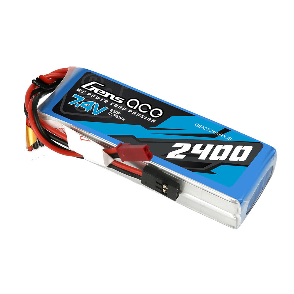 Gens Ace 2400mAh 2S 7.4V 2S1P LiPo Battery, Gens Ace 2400mAh 2S 7.4V LiPo battery pack with T-plug main lead and 3-pin balance connector