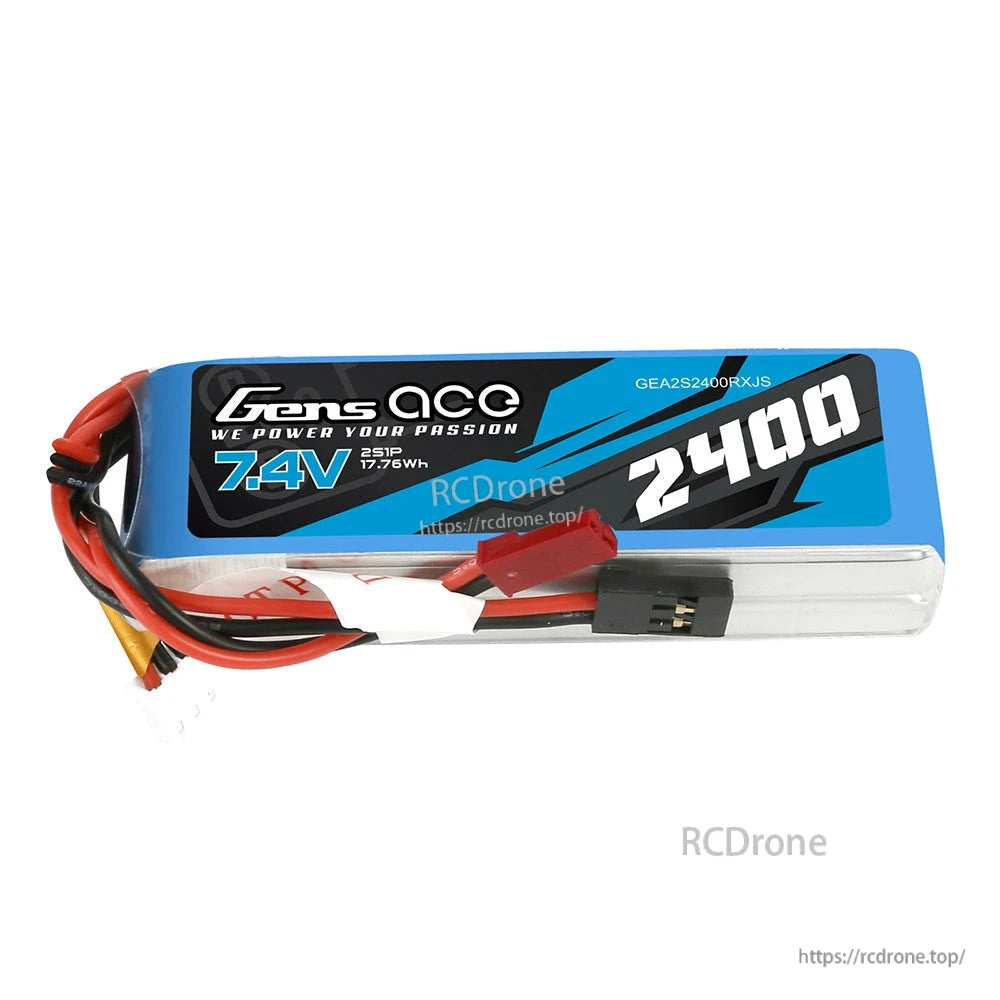 Gens Ace 2400mAh 2S 7.4V 2S1P LiPo Battery, Gens Ace 2400mAh 2S 7.4V LiPo battery pack with red T-plug style connector and 2S balance lead