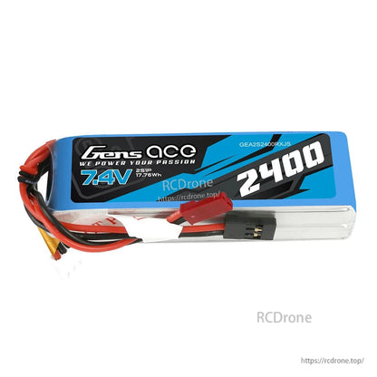 Gens Ace 2400mAh 2S 7.4V 2S1P LiPo Battery, Gens Ace 2400mAh 2S 7.4V LiPo battery pack with red T-plug style connector and 2S balance lead