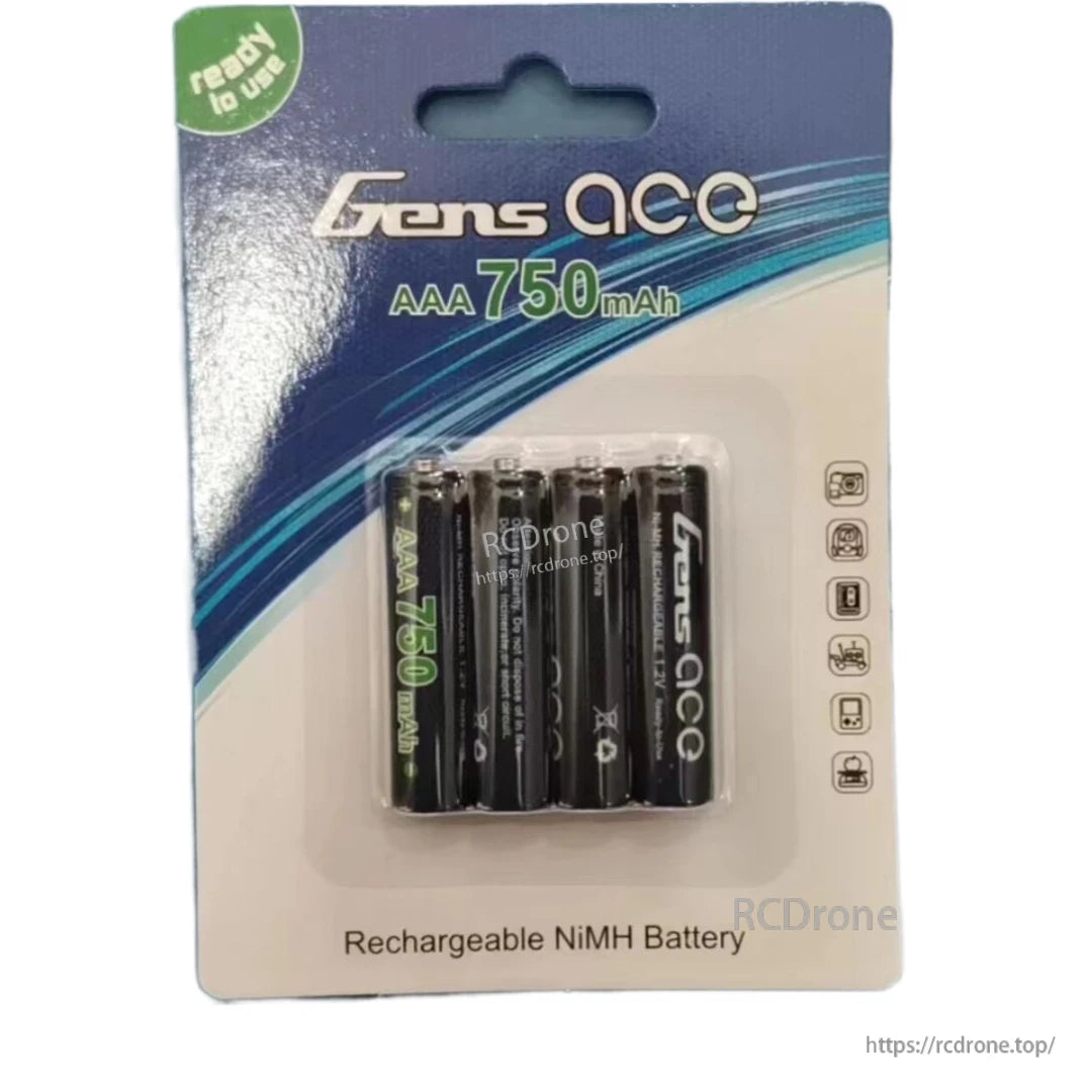 Gens Ace Ni-MH AAA Rechargeable Battery, Gens Ace AAA 750mAh rechargeable NiMH batteries (4-pack) in blister packaging, 1.2V cells