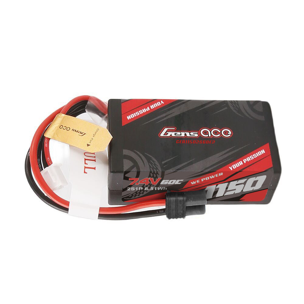 Gens ace 1150mAh 2S 7.4V hardcase LiPo battery pack with iEC2-style main plug and JST balance lead
