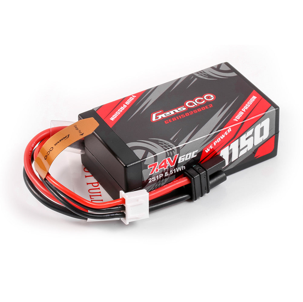 Gens ace 1150mAh 2S 7.4V 60C hardcase LiPo battery with iEC2 power lead and JST-XH balance plug
