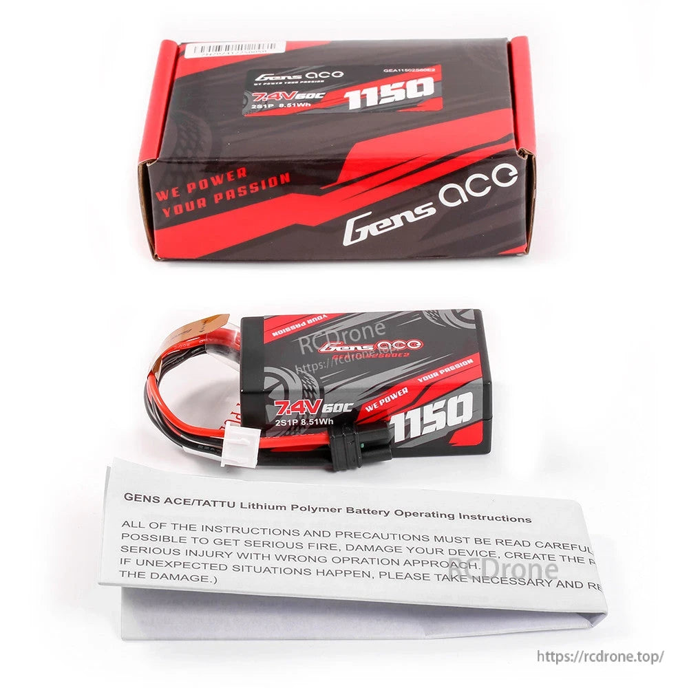 Gens ace 1150mAh 2S 7.4V 60C hardcase LiPo battery pack with power lead, balance plug, and box