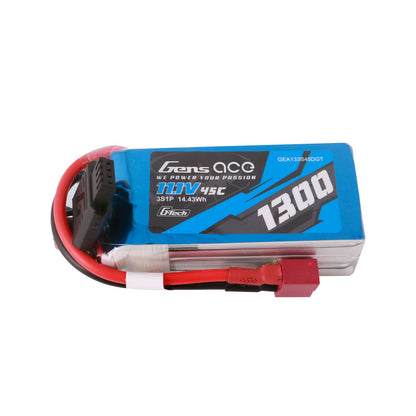 Gens ace 1300mAh 3S 11.1V 45C G-Tech LiPo battery pack with balance lead and red T-style connector