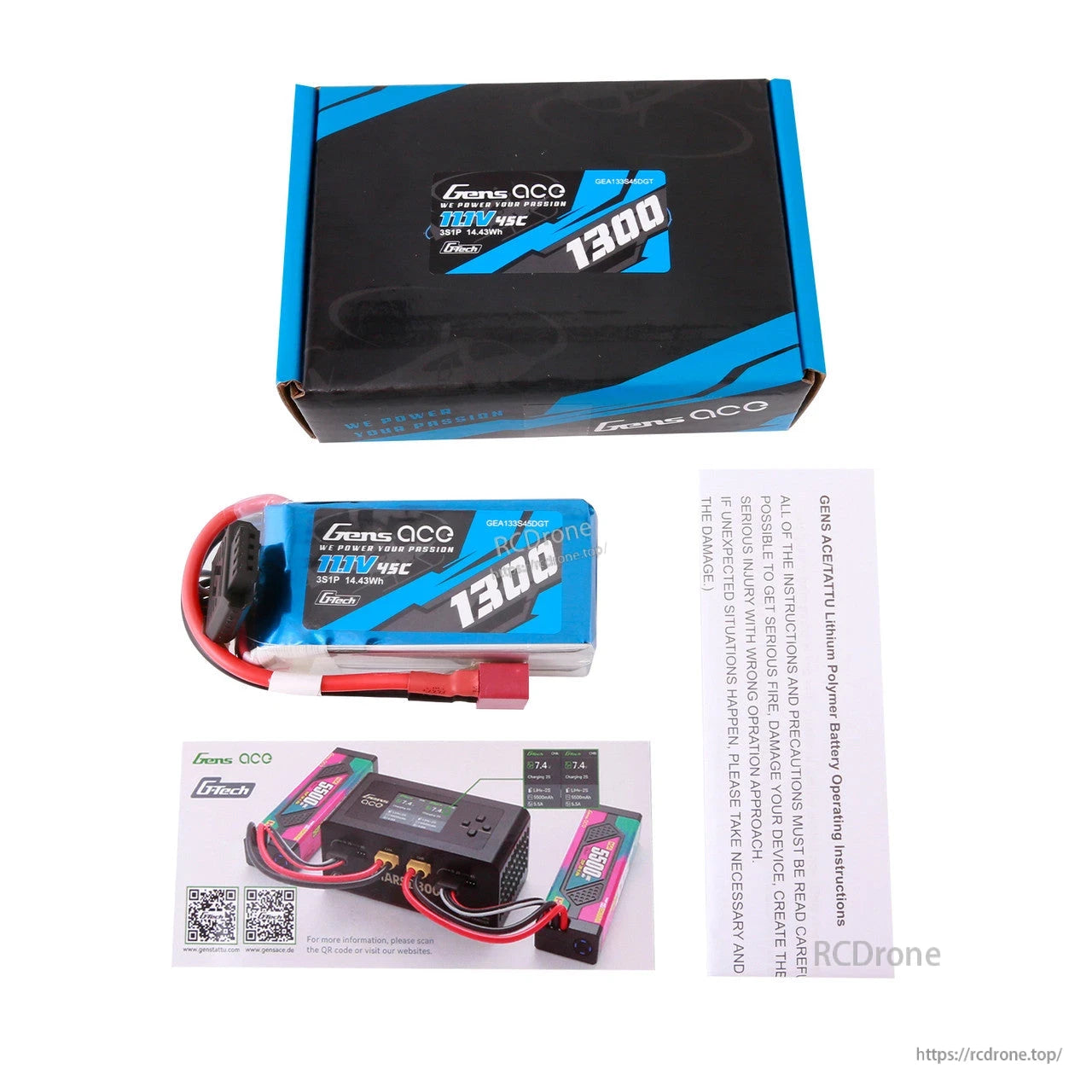 Gens ace 1300mAh 3S 11.1V 45C G-Tech LiPo battery pack with main plug and balance lead, plus box and manuals