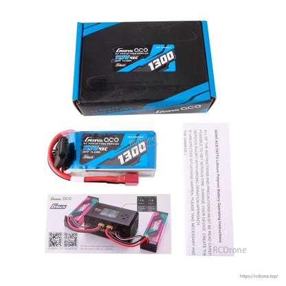 Gens ace 1300mAh 3S 11.1V 45C G-Tech LiPo battery pack with main plug and balance lead, plus box and manuals