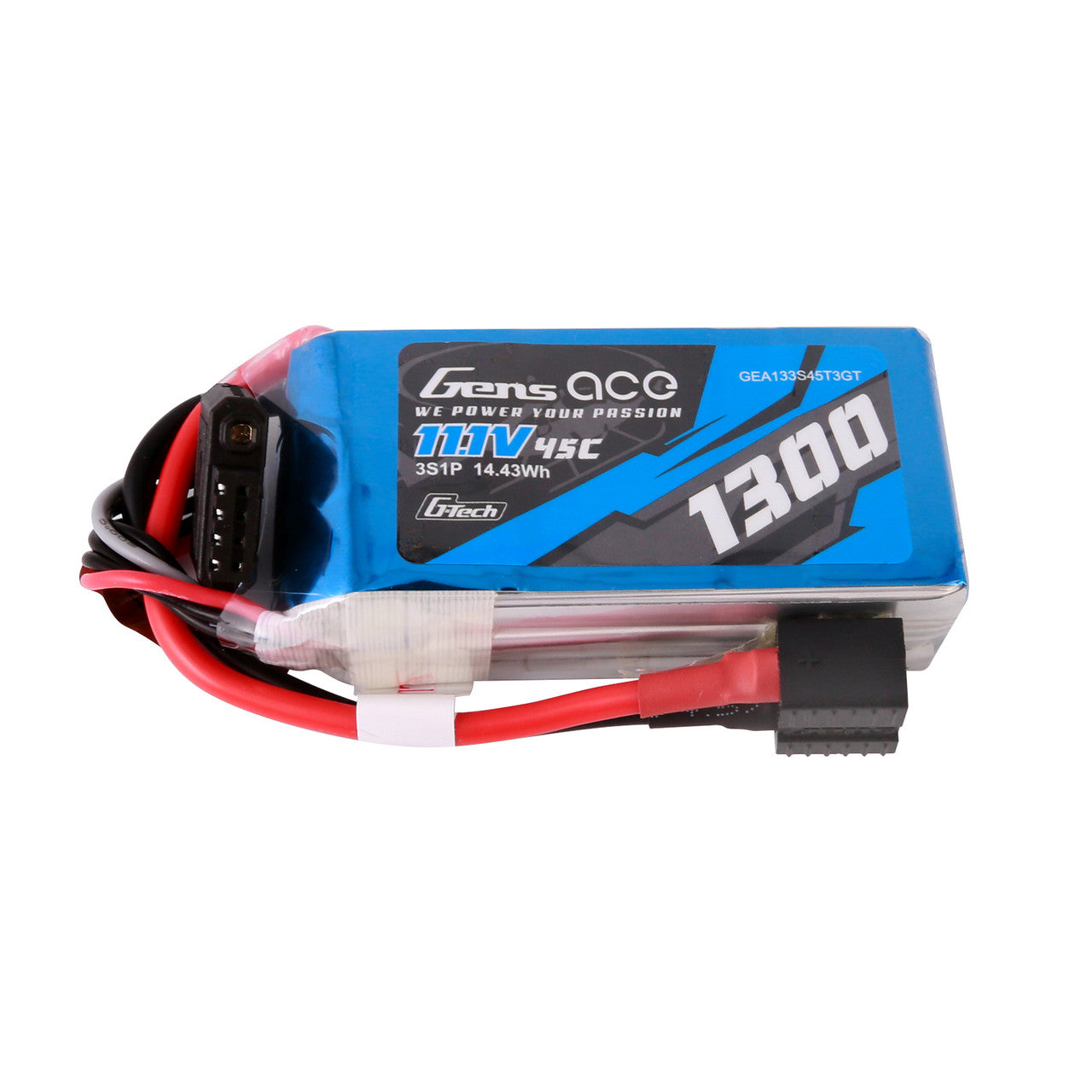 Gens ace 1300mAh 3S 45C 11.1V G-Tech LiPo Battery, Gens ace G-Tech 1300mAh 3S LiPo battery pack labeled 11.1V 45C, with power and balance leads
