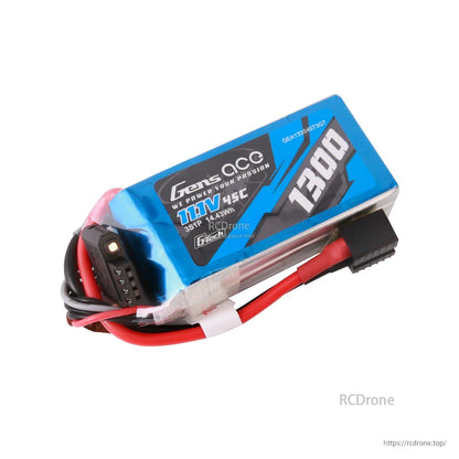Gens ace 1300mAh 3S 45C 11.1V G-Tech LiPo Battery, Gens ace 1300mAh 3S 11.1V 45C LiPo battery pack with attached power lead and balance connector