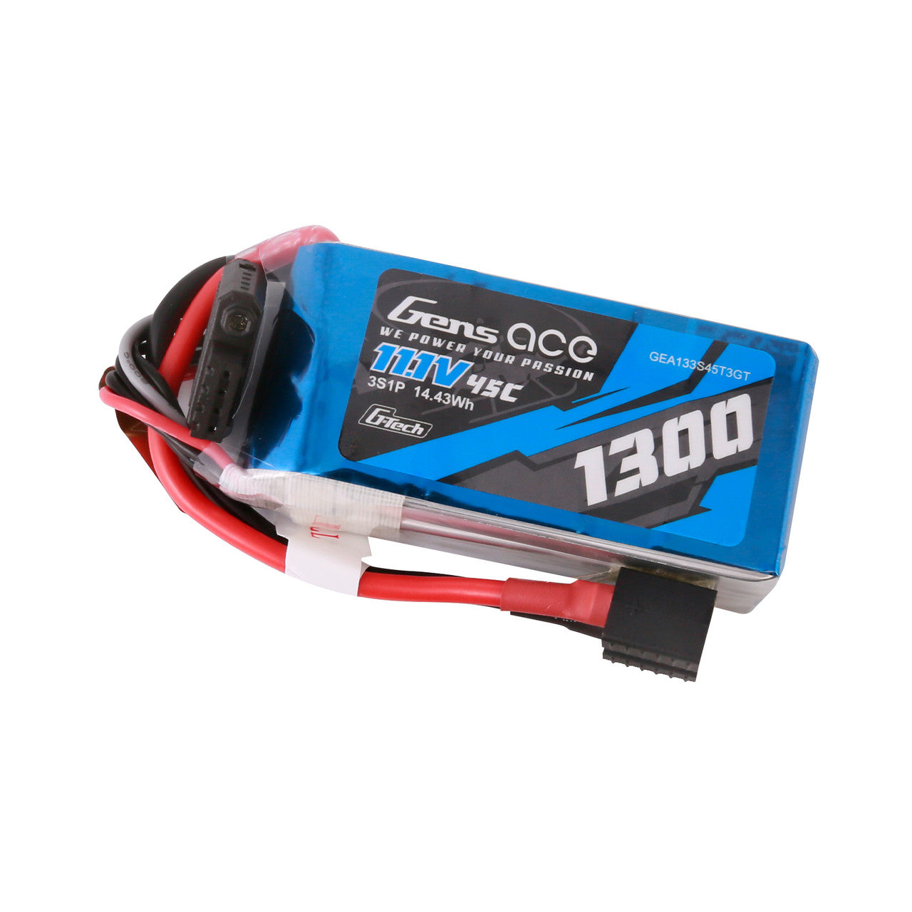 Gens ace 1300mAh 3S 45C 11.1V G-Tech LiPo Battery, Gens ace 1300mAh 3S 11.1V 45C G-Tech LiPo battery pack with main power lead and balance plug