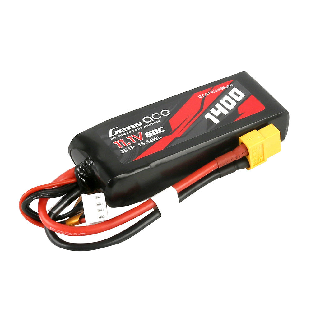 Gens ace 1400mAh 11.1V 60C 3S1P LiPo Battery, Gens ace 1400mAh 3S 11.1V 60C LiPo battery pack with XT60 plug and balance lead