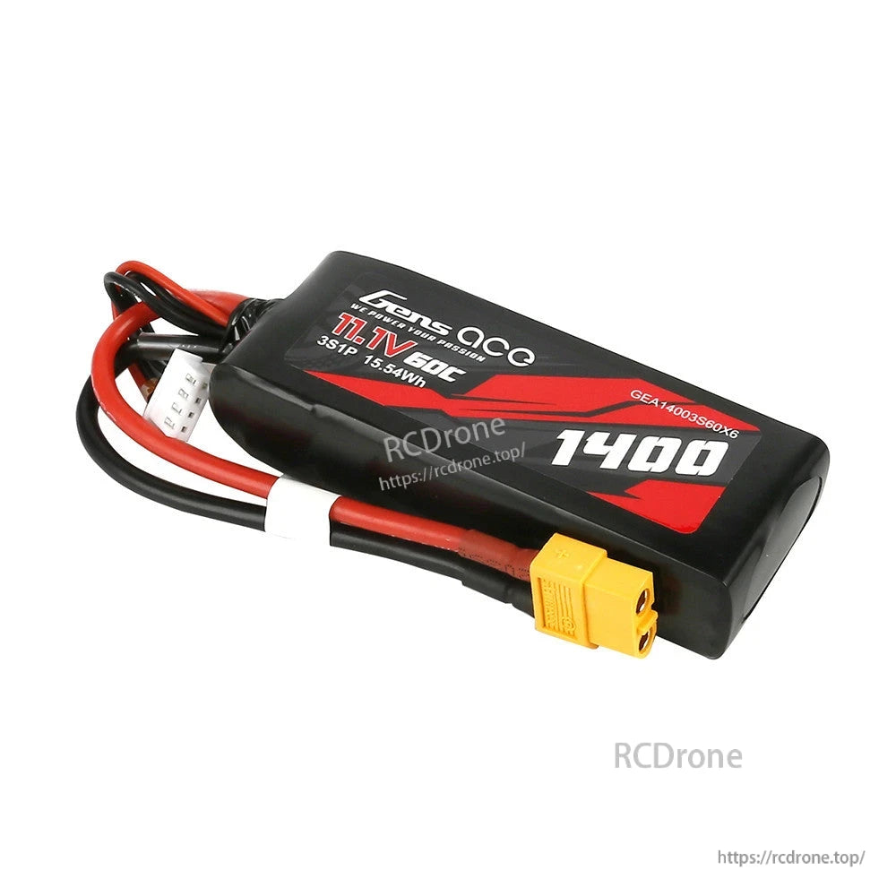 Gens ace 1400mAh 11.1V 60C 3S1P LiPo Battery, Gens ace 1400mAh 11.1V 60C 3S LiPo battery pack with XT60 connector and 3S balance lead