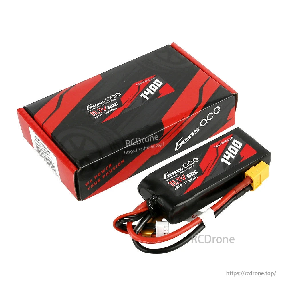 Gens ace 1400mAh 11.1V 60C 3S1P LiPo Battery, Gens ace 1400mAh 3S 11.1V 60C LiPo battery pack with XT60 connector, balance lead, and retail box