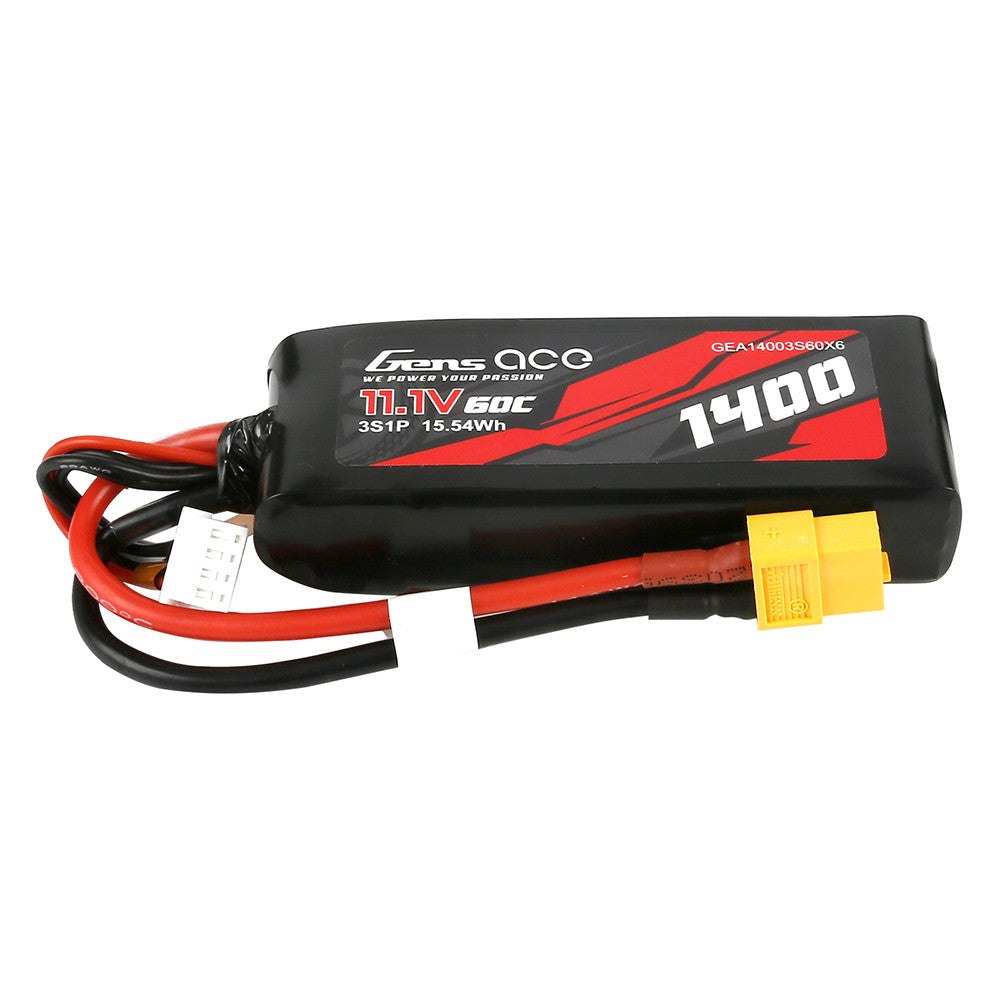 Gens ace 1400mAh 11.1V 60C 3S1P LiPo Battery, Gens ace 1400mAh 3S LiPo battery pack labeled 11.1V 60C with XT60 plug and balance lead