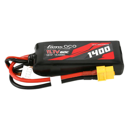 Gens ace 1400mAh 11.1V 60C 3S1P LiPo Battery, Gens ace 1400mAh 3S LiPo battery pack labeled 11.1V 60C with XT60 plug and balance lead