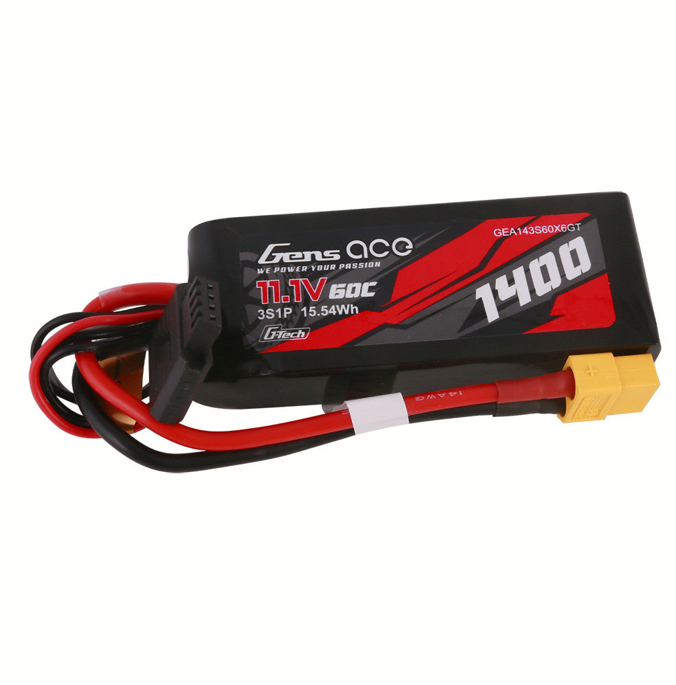 Gens ace 1400mAh 3S 60C 11.1V G-Tech LiPo Battery, Gens ace 1400mAh 3S 11.1V 60C G-Tech LiPo battery pack with yellow main connector and balance lead