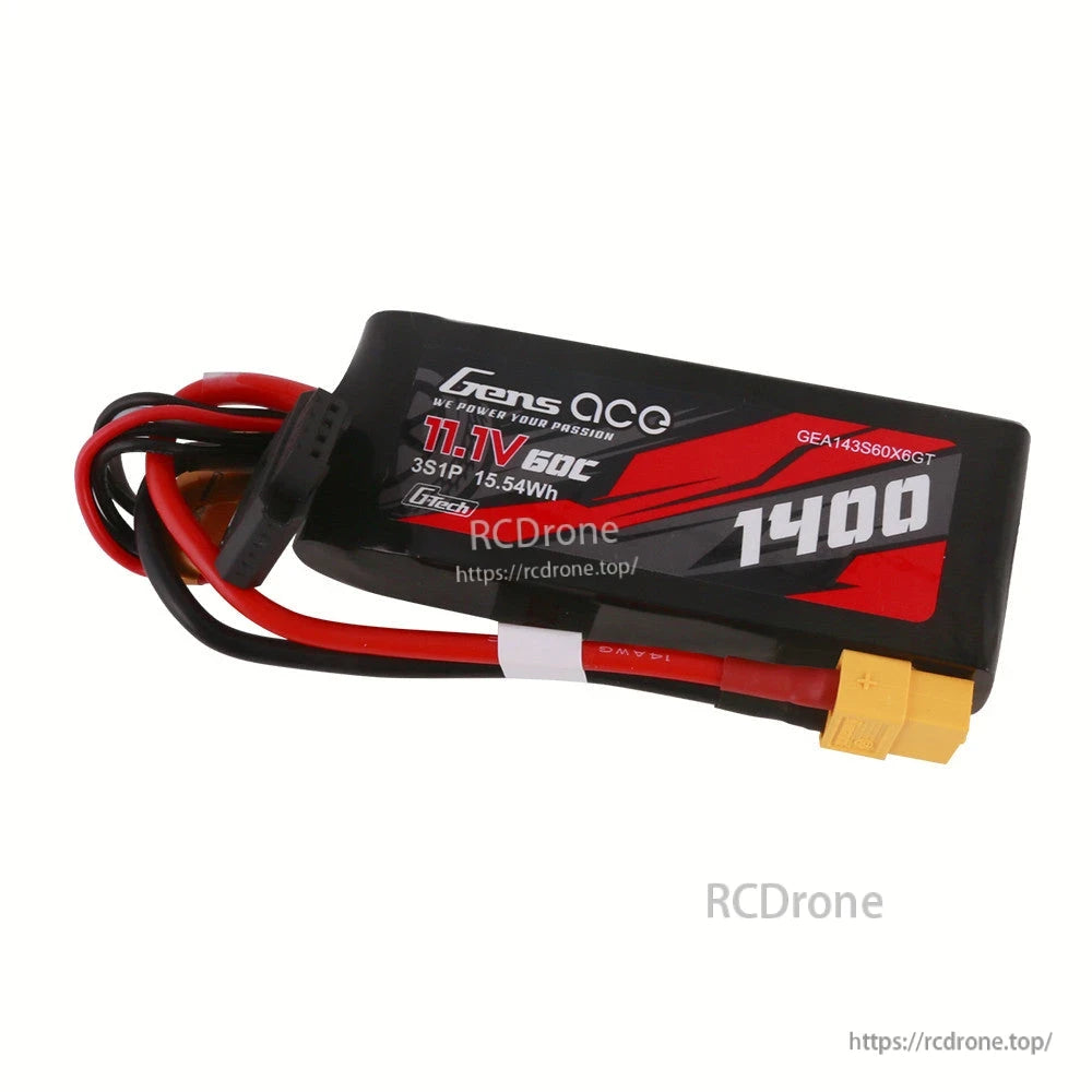 Gens ace 1400mAh 3S 60C 11.1V G-Tech LiPo Battery, Gens ace 1400mAh 3S 11.1V 60C G-Tech LiPo battery pack with XT60-style plug and balance lead