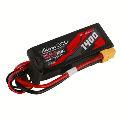 Gens ace 1400mAh 3S 60C 11.1V G-Tech LiPo Battery, Gens ace 1400mAh 3S 11.1V 60C G-Tech LiPo battery pack with XT60 connector and 3S balance lead