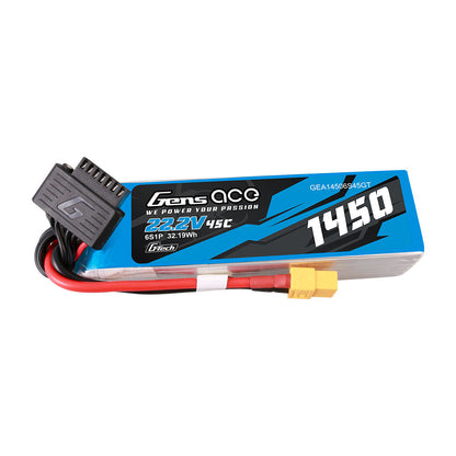 Gens ace 1450mAh 6S 22.2V 45C G-Tech LiPo battery with main power lead and balance plug