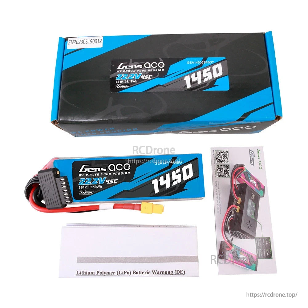 Gens ace 1450mAh 6S 22.2V 45C G-Tech LiPo battery, Gens ace G-Tech 1450mAh 6S 22.2V 45C LiPo battery pack with XT60-style lead, balance plug, and box