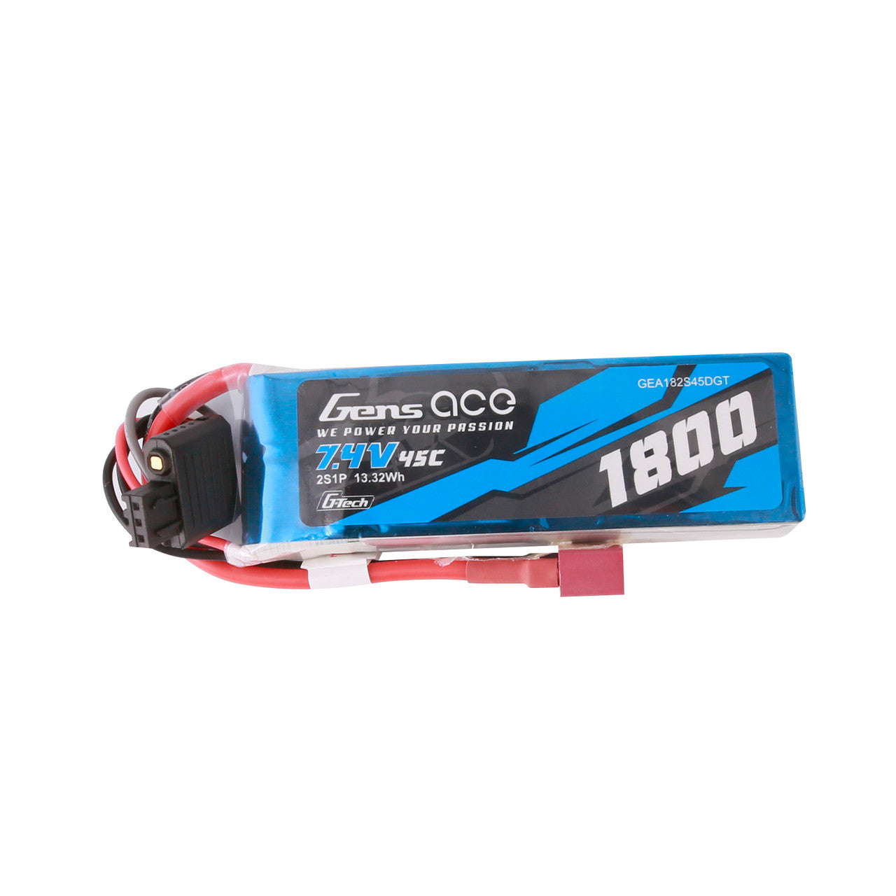 Gens ace 1800mAh 2S 45C 7.4V G-Tech LiPo Battery, Gens ace 1800mAh 2S 7.4V 45C G-Tech LiPo battery pack with main lead and balance connector