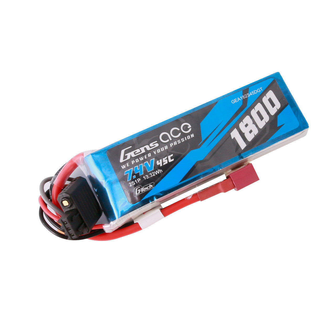 Gens ace 1800mAh 2S 45C 7.4V G-Tech LiPo Battery, Gens ace 1800mAh 2S 7.4V 45C G-Tech LiPo battery pack with Deans-style plug and balance lead