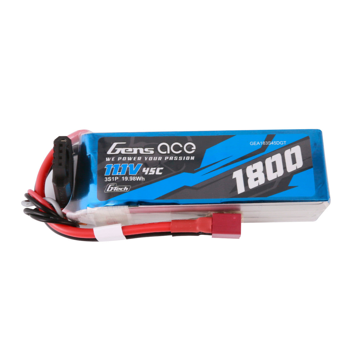 Gens ace 1800mAh 3S 45C 11.1V G-Tech LiPo Battery, Gens ace 1800mAh 3S 11.1V 45C G-Tech LiPo battery pack with T-style plug and balance lead