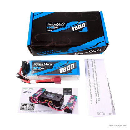 Gens ace 1800mAh 3S 45C 11.1V G-Tech LiPo Battery, Gens ace 1800mAh 3S 11.1V 45C LiPo battery with T-plug lead, balance connector, and retail box