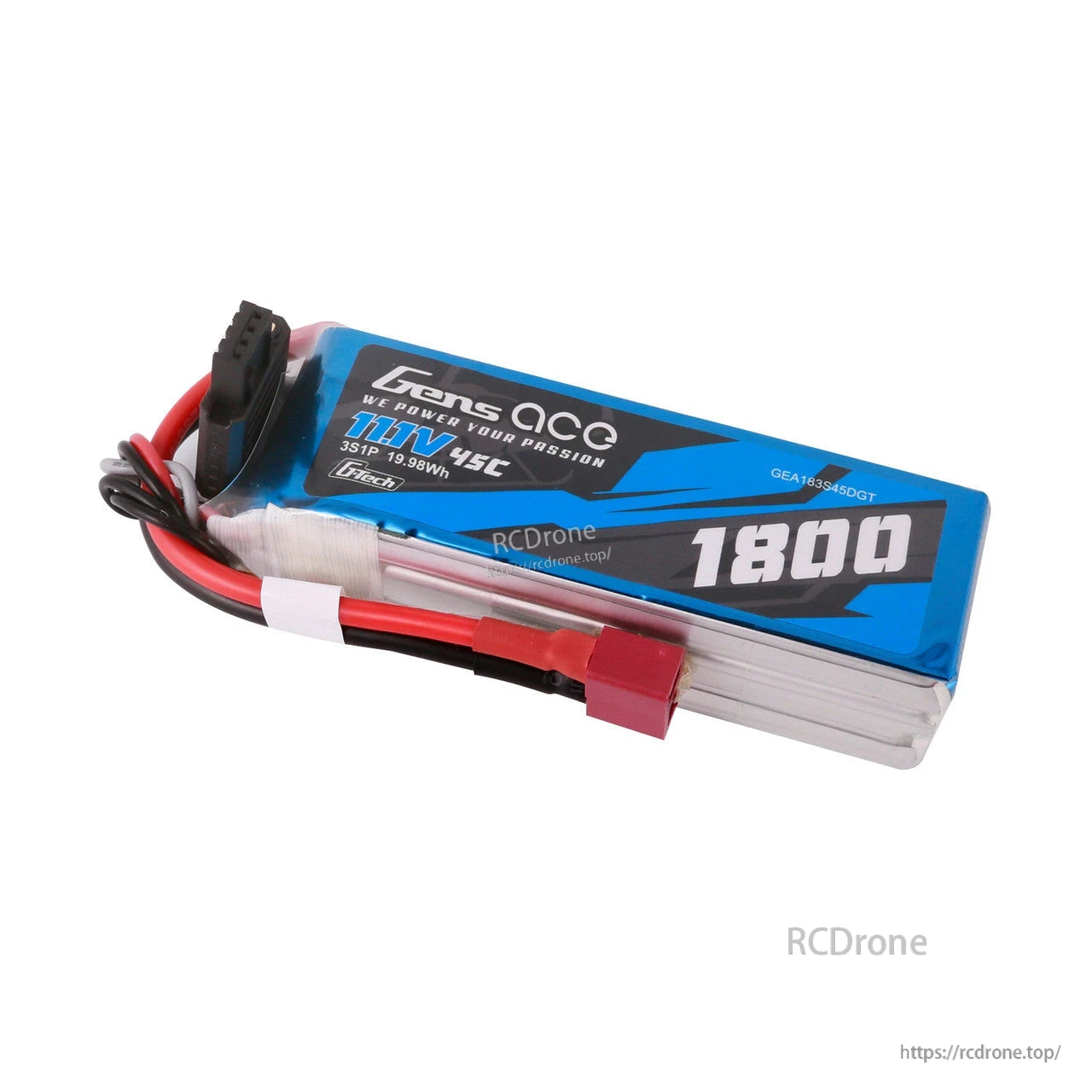 Gens ace 1800mAh 3S 45C 11.1V G-Tech LiPo Battery, Gens ace 1800mAh 3S 11.1V 45C G-Tech LiPo battery pack with main power lead and balance connector
