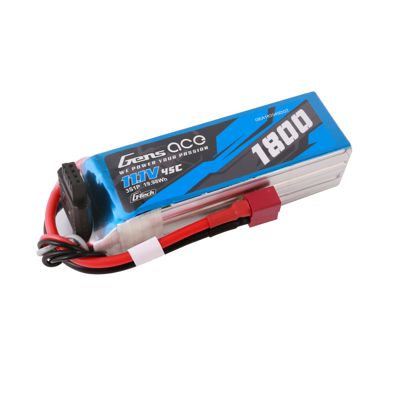 Gens ace 1800mAh 3S 45C 11.1V G-Tech LiPo Battery, Gens ace 1800mAh 3S 11.1V 45C G-Tech LiPo battery pack with balance lead and red T-style connector