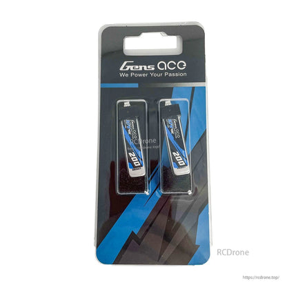 Gens ace 200mAh 1S1P 3.7V 45C LiPo Battery, Gens ace 200mAh 1S 3.7V 45C LiPo batteries twin pack in retail blister packaging